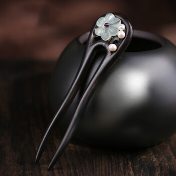 铭闽手工岫玉木u型发钗发簪珍珠古风花簪子盘发头饰步摇简约发饰 珍珠