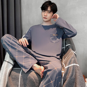 睡衣男纯棉休闲青年纯色条纹长袖宽松大码口袋秋季男士家居服套装wn