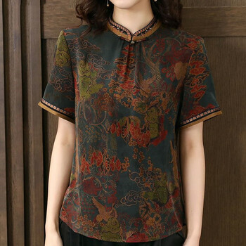 trtj香云纱上衣高端女装女夏季新款民族风小衫复古气质衬衫蓝色m