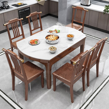 拆叠歺桌可伸缩家用省空间岩板餐桌伸缩可变圆桌电磁炉新中式实木折叠