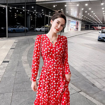 【女装新款】波点V领气质大摆长裙2021秋季新款韩版可盐可甜小邹菊碎花连衣裙 小邹菊黑色 XL 125-140斤