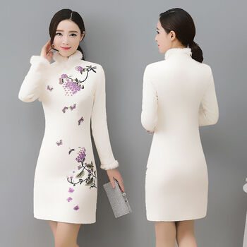 【连衣裙女秋冬款】旗袍冬款加厚改良旗袍连衣裙气质复古中国风女装裙 116 加绒保暖 M 可穿