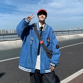 痴狼(chilang)立领服男春秋新款潮牌外套美式麂皮绒宽松夹克潮衣服