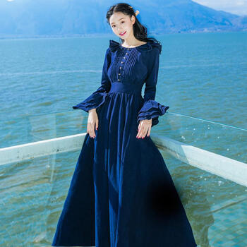 【女装新款】春夏季文艺复古红色灯芯绒连衣裙沙漠度假衣服长袖仙女装大摆长裙 红色 M秋冬新品