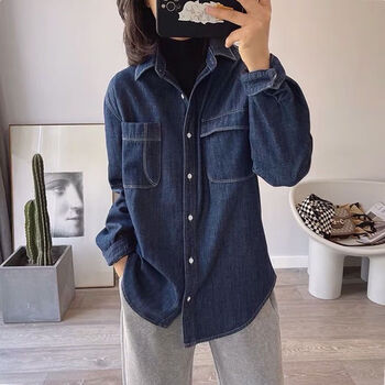 乐宛伊秋冬季新款保暖百搭高档时尚女装加绒加厚牛仔衬衫女设计感小众