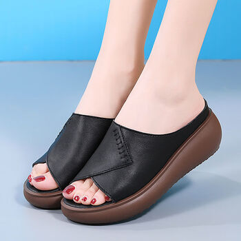 wang牛皮复古拖鞋女夏天外出外穿时尚女式洋气女士厚底松糕凉鞋黑色38