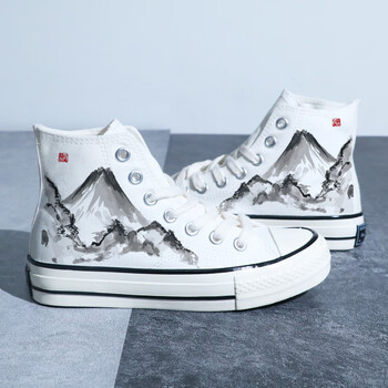 clcey国朝中国风帆布鞋复古山水画荷塘竹林学生高帮板鞋女手绘板鞋男