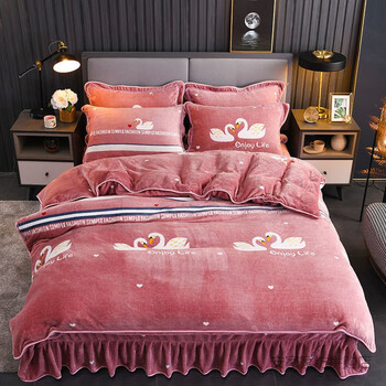 加绒加厚金四件套床裙式双面法兰绒被套珊瑚绒牛奶绒四件套红粉佳人18