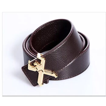 劲霸皮带小金人纯铜扣头男士商务头层牛皮腰带百搭结婚新款 咖啡色带