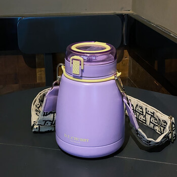 欧克特派保温杯大容量女学生大肚杯吸管水杯儿童304杯子1L高颜值生日礼物 薰衣紫1000ML【背带+滤网】