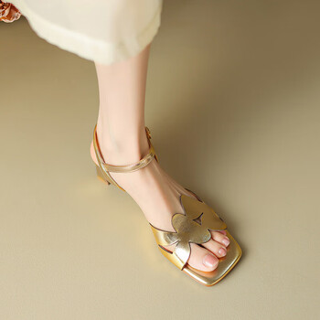 皇属vaahsuxm粗跟凉鞋女2023新款夏季中跟罗马鞋露趾简约一字细带镂空