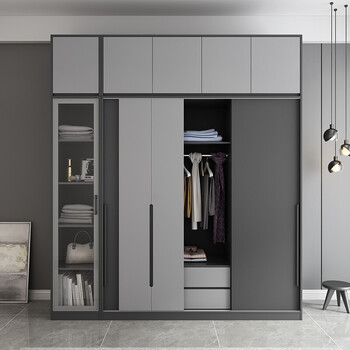 微启推拉门衣柜北欧简约卧室小户型移门衣柜现代风家用储物带抽屉大
