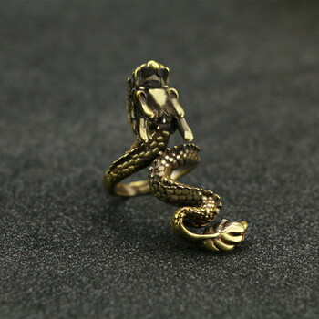 zcqbcy复古创意黄铜神龙之戒男士纯铜实心霸气龙头指环古董铜器收藏