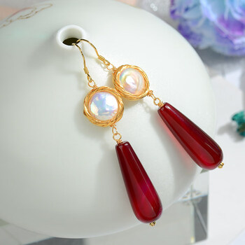 米聆天然珍珠耳环女长款气质银2021新款潮红玛瑙耳坠百搭耳饰感饰品红