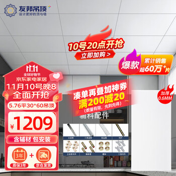 友邦（YOUPON） 集成吊顶铝扣板包安装300*600厨房阳台卫生间家用大板吊顶铝扣板  0.6mm厚|5.76平30*60哑光白