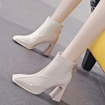 蓝晨语依 高跟短靴女粗跟百搭方头侧拉链法式马丁靴2023年秋冬季新款 米白色 37