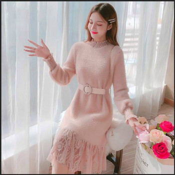 【女装新款】半高领连衣裙女2021秋装新款韩版中长款蕾丝拼接时尚毛绒打底衫女 粉色面料 XL