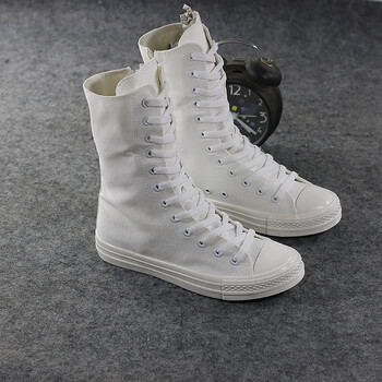 zrty布靴女新款帆布靴子韩版高帮拉链长筒靴子舞台演出靴帆布平底靴米