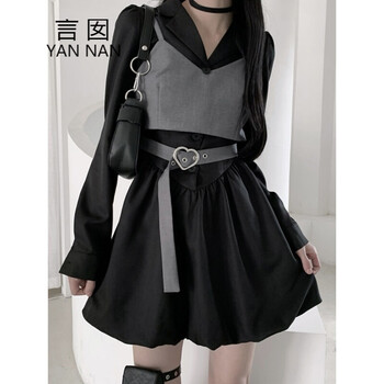 言囡秋冬季连衣裙子长袖女装 学院风西装领连衣裙子洋气小吊带两潮2021秋季新款女学生套 黑色裙子+背心【套装】 XL