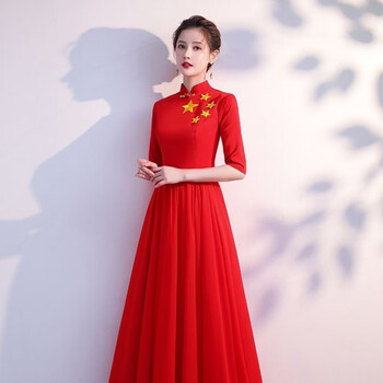 温蔓尔红色大合唱团演出服女服装红歌指挥爱国主持人比赛朗诵长红色