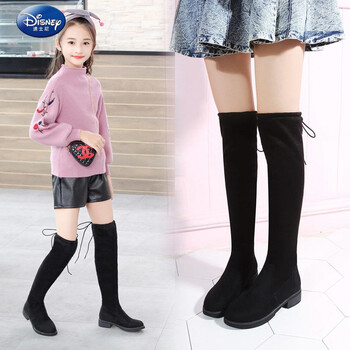 过膝靴子2021秋冬韩版大童高筒靴女孩长筒靴学生弹力儿童长靴黑系带款