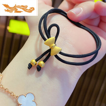 老凤凰999足金爱心黄金头绳女款 心形头饰金蝴蝶结转运珠扎头发 足金