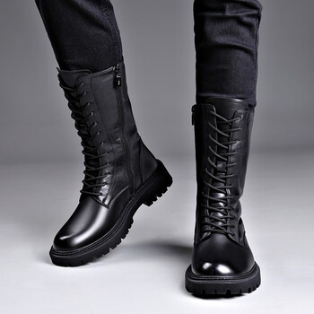 长靴真皮加绒保暖男侧拉链男士高帮靴子马丁靴户外工装靴黑色195071四