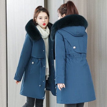 腿中狼新款派克服女中长款韩版宽松加绒加厚冬季棉服大毛领收腰外套 海蓝色(加绒加厚) 2XL 建议140-155斤
