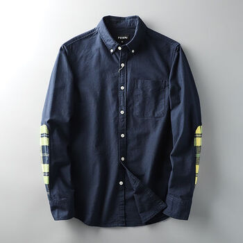 穿衬衫男牛津纺衬衫尾单剪标牛津纺补丁长袖出口原单装休闲衬藏青色m