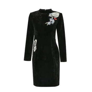 原创设计师女装女巫和骑士走秀款法式复古风显瘦刺绣花短款连衣裙2021秋冬 黑色 S