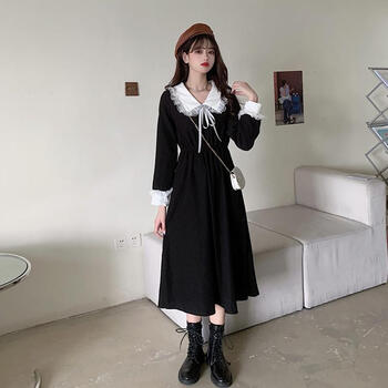 【女装新款】灯芯绒连衣裙女秋冬新款洋气减龄甜美遮肚显瘦温柔风长裙 酒红色 L 建议105--120斤