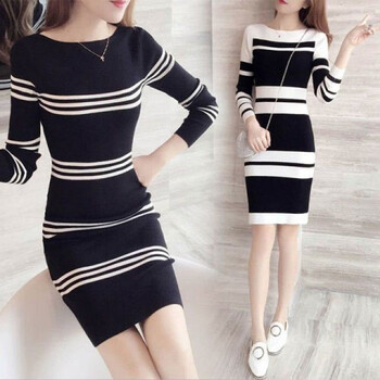 【女装新款】秋冬新款针织连衣裙2021女装条纹中长款收腰显瘦包臀毛衣打底裙女 红色 L【100一120】斤