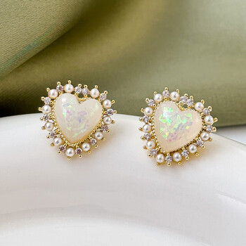 初逅金色电镀银针气质锆石珍珠爱心耳环时尚耳钉简约小众耳饰金色