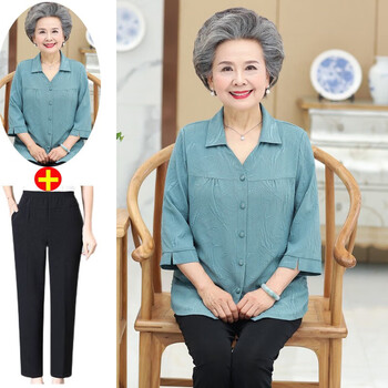 奶奶夏装老年人衬衫女6070岁80老人太太上衣服妈妈装宽松洋气绿色2xl