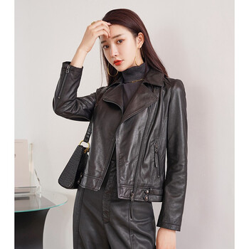泊诗兰海宁皮衣女绵羊皮机车皮夹克短款修身外套 P7095 黑色 2XL【125-134斤】