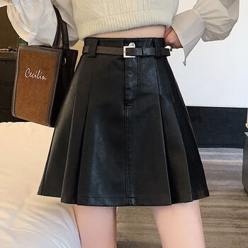 rvsa高腰黑色皮裙半身裙子女春秋装2022年新款时尚a字百褶短裙小个子