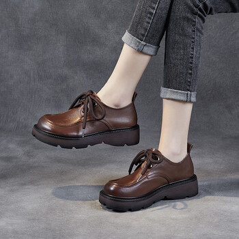 英伦风单鞋2022春季新款森女帅气英伦真皮系带厚底坡跟大头鞋女棕色35