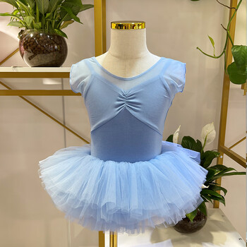 女童芭蕾舞裙纱衣舞蹈服中国舞考级服装蓬蓬纱裙夏 浅蓝配6层蓝色裙