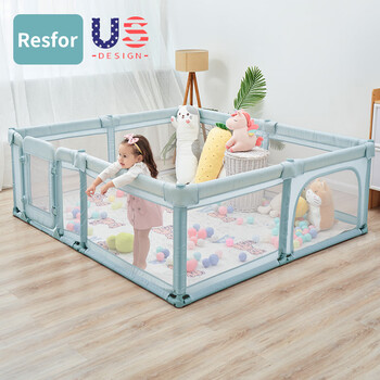RESFOR可折叠游戏围栏婴儿爬爬垫防护栏一体儿童室内家用小户型学步栅栏 青瓷绿(折叠加门款)（180*200CM)