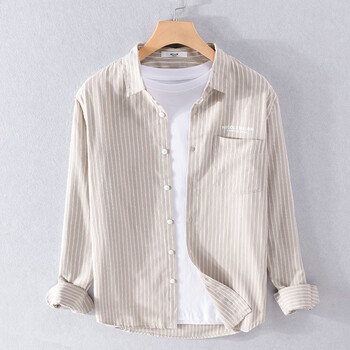 lisse条纹长袖衬衫男春秋季翻领复古休闲衬衣透气舒适青年简约衬衣