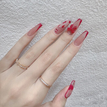赢夫人mrswin法式红色蝴蝶结桃心长款芭蕾甲美甲成品穿戴式法式网红