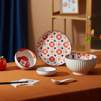 共禾京品（JINGREPUBLIC） 日式手绘盘子面碗可爱儿童饭碗高颜值碗盘碟学生一人食餐具套装 柿子餐具 6头