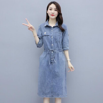 2021春夏新款中长款过膝收腰显瘦牛仔连衣裙女装休闲牛仔裙子潮流 吊带裙 03# L 106-115