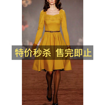 【非质量问题不退不换】原创设计师女装女巫和骑士洋气减龄收腰连衣裙黄色大摆连衣裙打底裙秋冬新款 黄 L