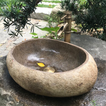 户外洗手台室外洗手盆庭院水池石头水槽石材台上盆卫生间洗面盆鹅卵石