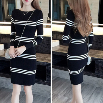 【女装新款】秋冬新款针织连衣裙2021女装条纹中长款收腰显瘦包臀毛衣打底裙女 红色 L【100一120】斤