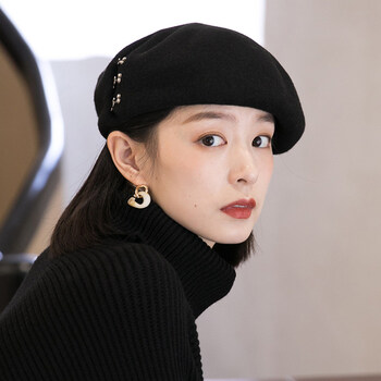 玛芮百利mauropoli贝雷帽女秋冬时尚韩版百搭羊毛画家帽子女冬黑色
