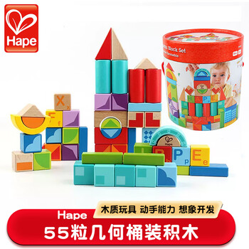 Hape儿童玩具拼插积木大颗粒桶装木制积木块城市情景童话城堡积木礼物 55粒几何积木