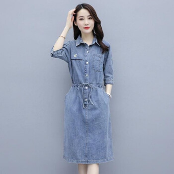 2021春夏新款中长款过膝收腰显瘦牛仔连衣裙女装休闲牛仔裙子潮流 吊带裙 03# L 106-115