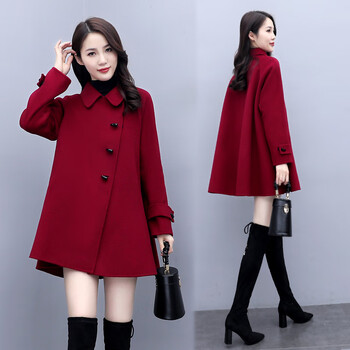 大衣女中长款秋冬季新款女装加厚呢子大衣上衣女式小个子红色s90120斤